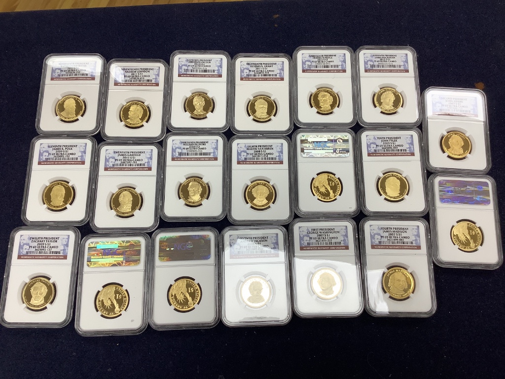 Sealed Proof coins - 20 US $1 President of America coins, all NGC rated PF 69 ultra cameo, 10 Silver Eagle $1 dollar coins, 2011 (S), PCGS rated MS70, 6 Commonwealth Proof coins, 2012, NGC rated MS69 - PF70 ultra Cameo,